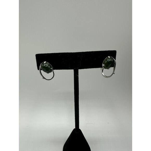 Retro Deco Sterling Silver 925 Sorrento Jade Screw On Non Pierced Earrings - Picture 2 of 3
